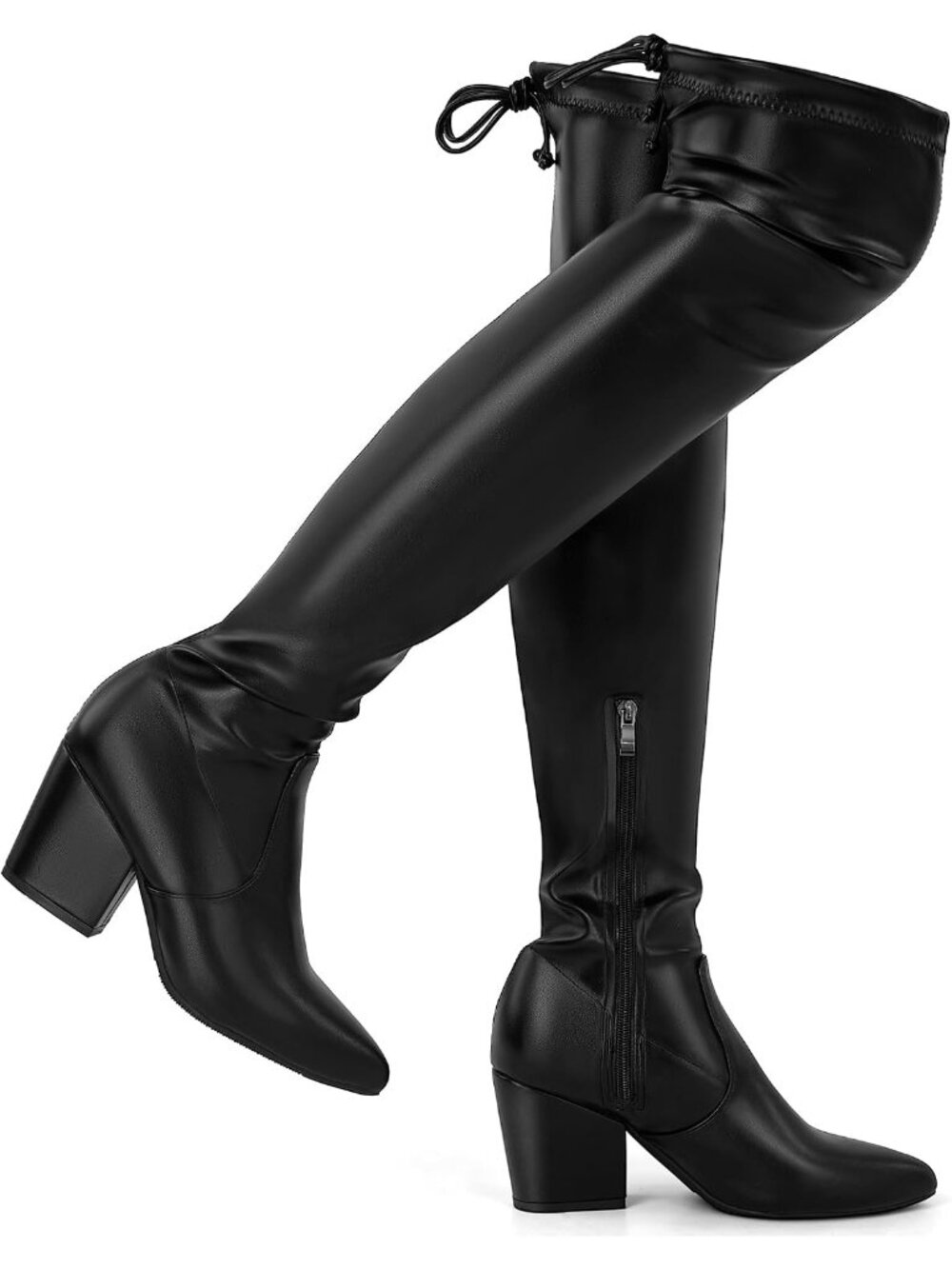 Women's Black Leather Stretch Chunky Heel Fall Over the Knee Thigh High Boots